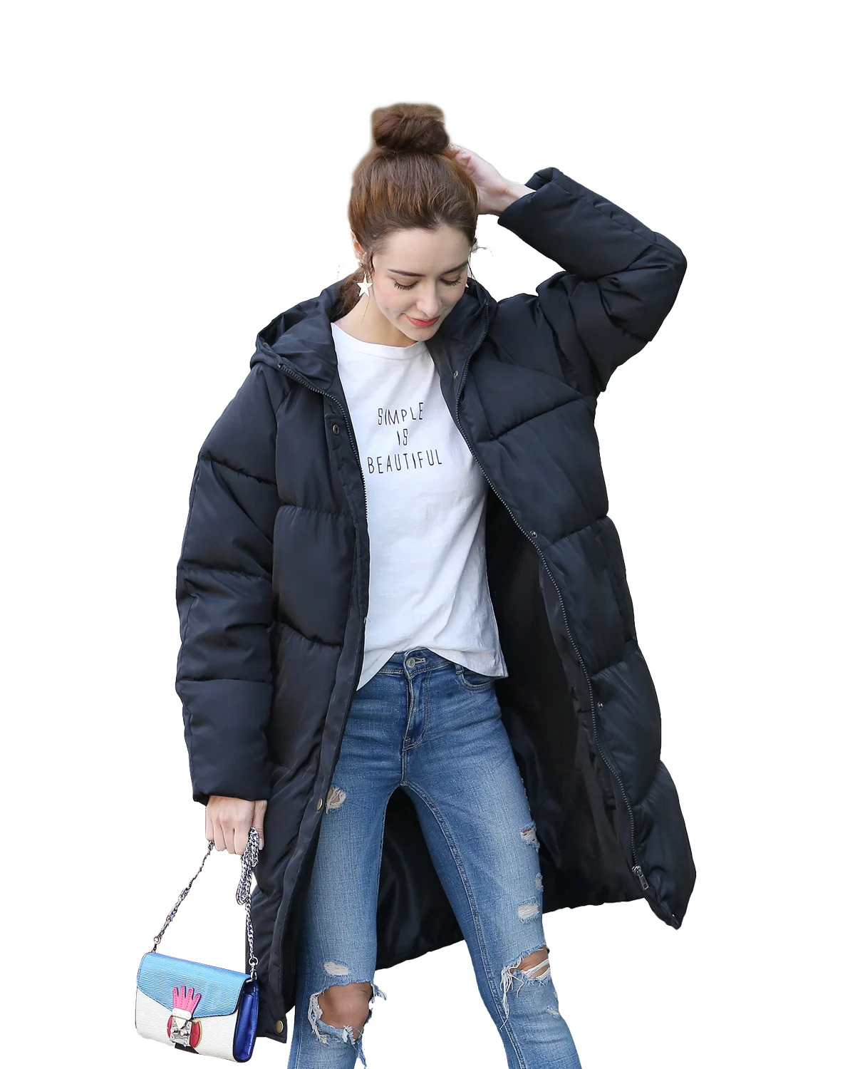 Capuche gray À Loose Kenancy Manches Black Manteaux Matelassée Long Fit Zipper Longues xIPaqPT