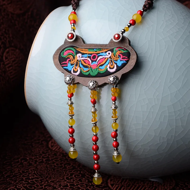Ethnic Jewelry national wind handmade wooden embroidery necklace,stone