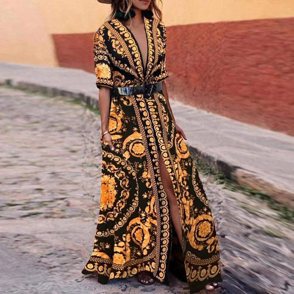 Women dress Fashion Print Maxi Deep V-Neck Short Sleeve Fork Dress dresses woman party night robe femme sukienki damskie Women dress Fashion Print Maxi Deep V-Neck Short Sleeve Fork Dress dresses woman party night robe femme sukienki damskie