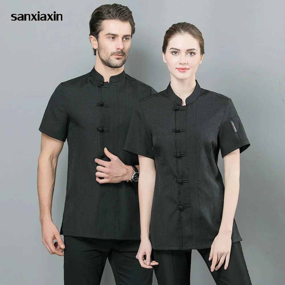 sanxiaxin new short sleeved Food Service chef uniform Chef Jacket restaurant hotel catering Kitchen White and black work clothes