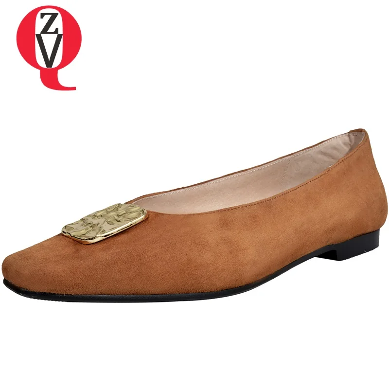 

ZVQ women fashion flats shoes pointed toe real genuine leather upper ladies metal decoration nurse working sheos spring heels