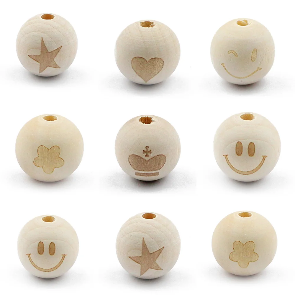 

JHNBY 10pc/lot 20mm Round Natural Wood Beads Smiling Face Heart Star Baby Teether Child Teething Wooden Beads for Jewelry Making