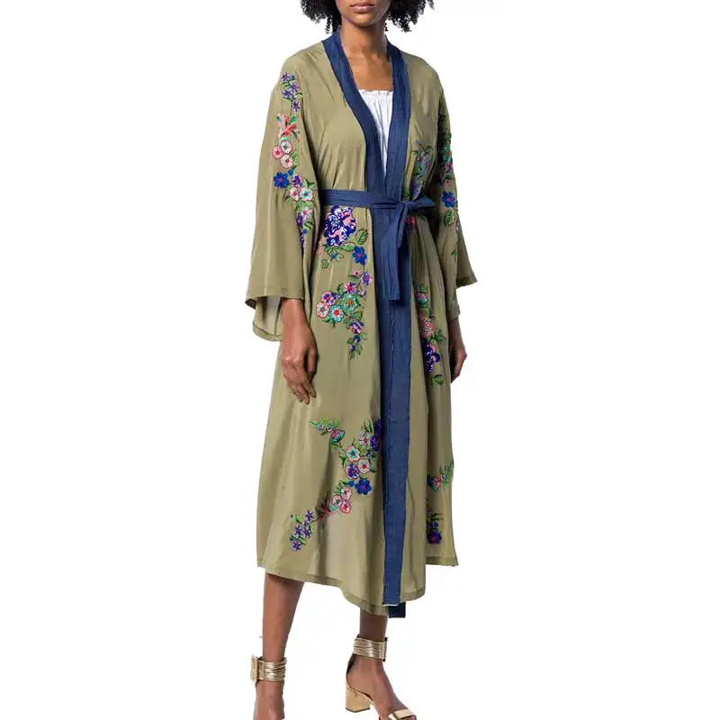 Boho Inspired embroidered kimono kaftan 2019 open front tie waist beach top contrast binding summer long blouse shirt 2018 blusa Boho Inspired embroidered kimono kaftan 2019 open front tie waist beach top contrast binding summer long blouse shirt 2018 blusa