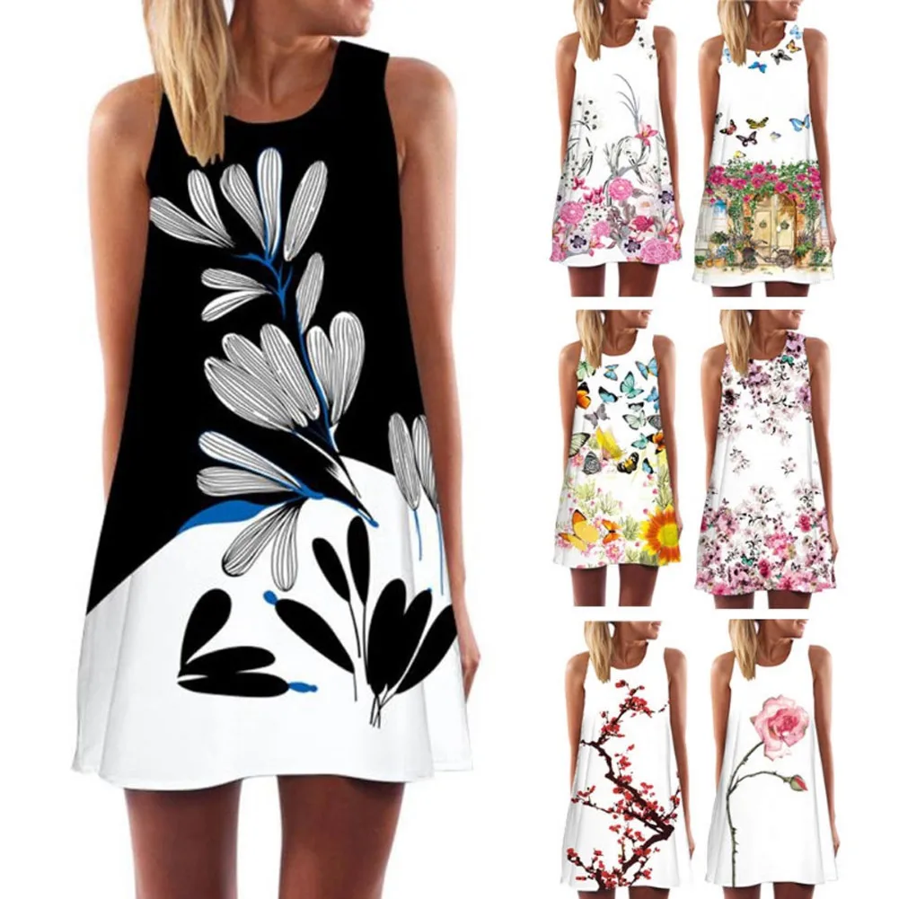 

Women Sleeveless Round Collar Printing Fashion Dress for Summer Beach Party JT-Drop Ship