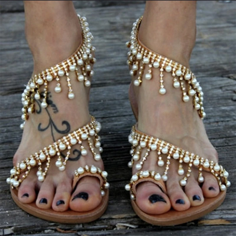 

Gladiator Sandals Women 2019 Pearl Beads Sandals For Women Bohemian Sandals Flats Summer Shoes Woman Sapatos Feminino Plus Size