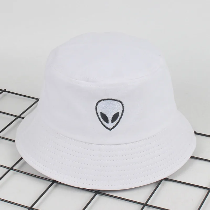 Cartoon Embroidery Alien Bucket Hat Hip Hop Casual Cotton Fishing Hat Cap Spring Summer Outdoor Beach Sun Panama White Black