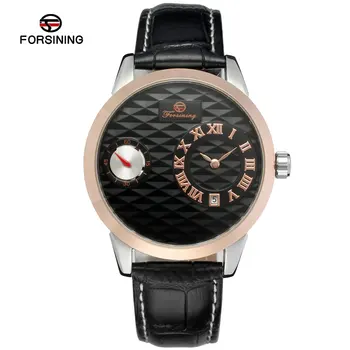

Forsining Rose Gold Small Roman Dial Business Automatic Mechanical Wristwatch Men Leather Band Casual Calendar Dress Watches