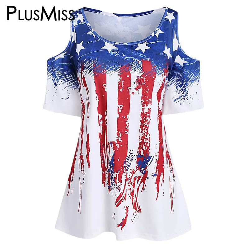 

PlusMiss Plus Size 5XL XXXXL XXXL XXL American Flag USA Cold Shoulder T Shirts Women Big Size Summer Short Sleeve Tops Tee Femme