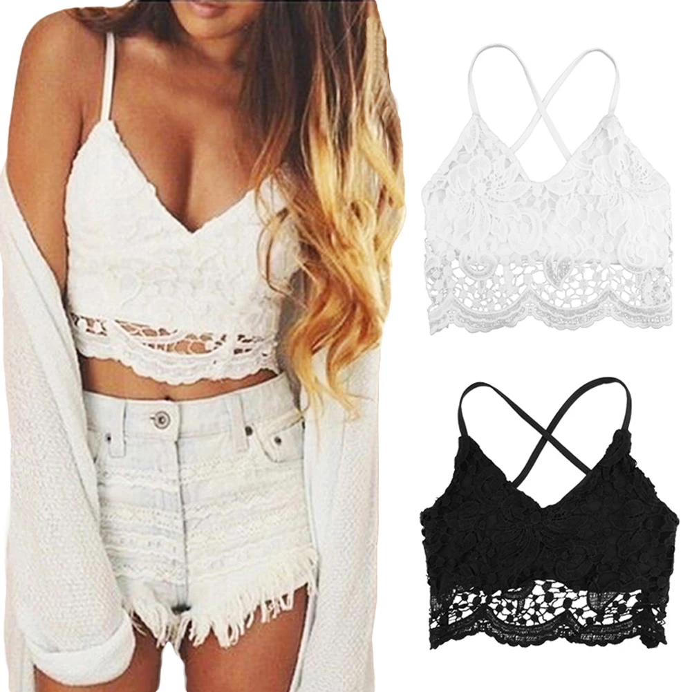 

NEW Sexy Women Crochet Lace Top Deep V Neck Strap Sleeveless Backless Tank Lady Fashion Cami Crop Top Plus Size Black/White