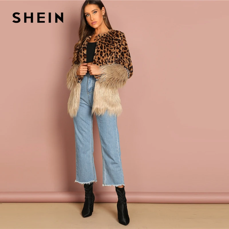 SHEIN Пальто Из Искусственного Меха С Контрастной Отделкой Модное Укороченное Эко