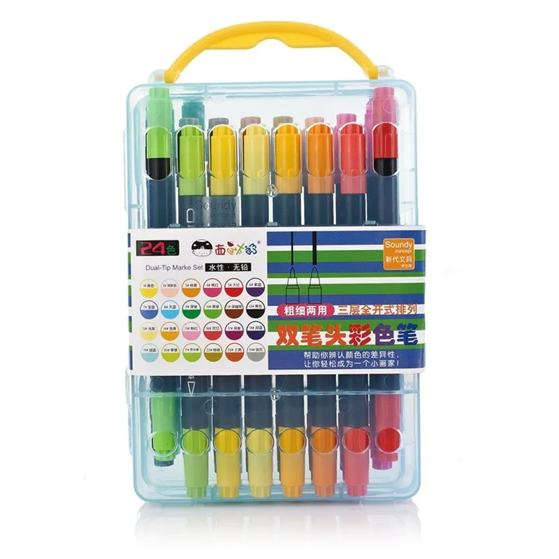24 цвета/набор двойная головка ручка для рисования хайлайтеры для начинающего художника авторучка искусство школьные канцелярские принадлежности фломастеры