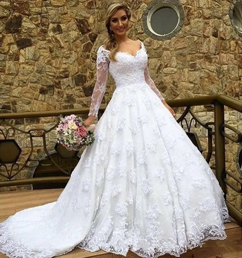 new Design White Lace Vintage Wedding Dress Long Sleeve V Neck Court