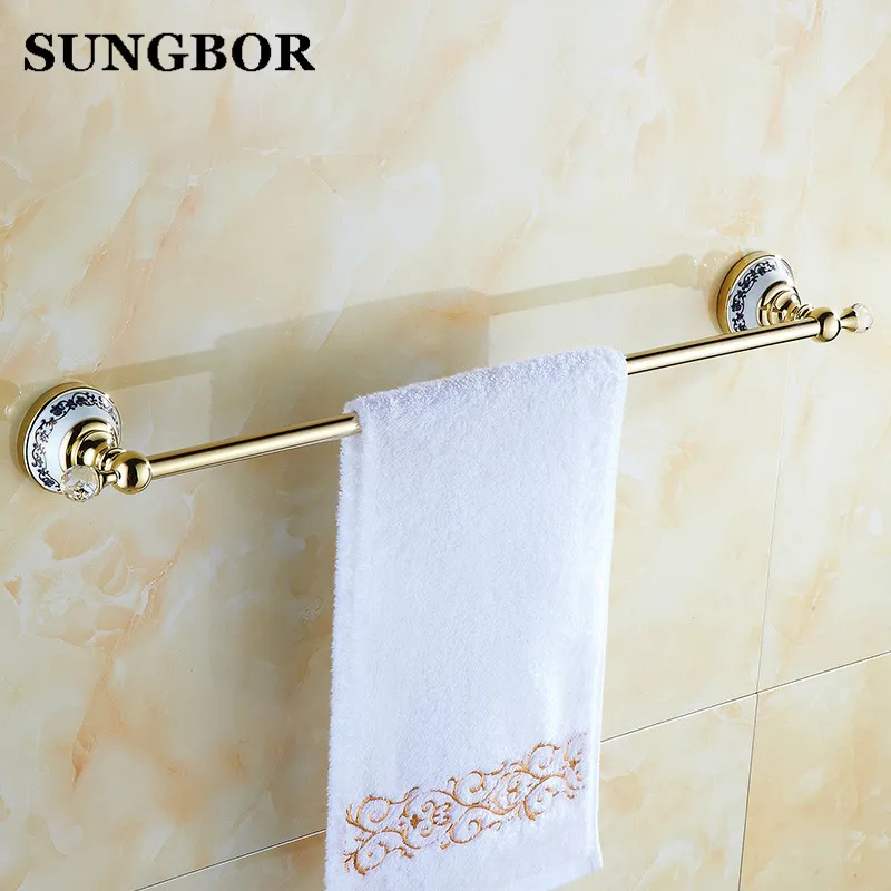Golden Crystal Solid Brass Towel Rail Single Towel Bar Bathroom Towel Holder Bathroom