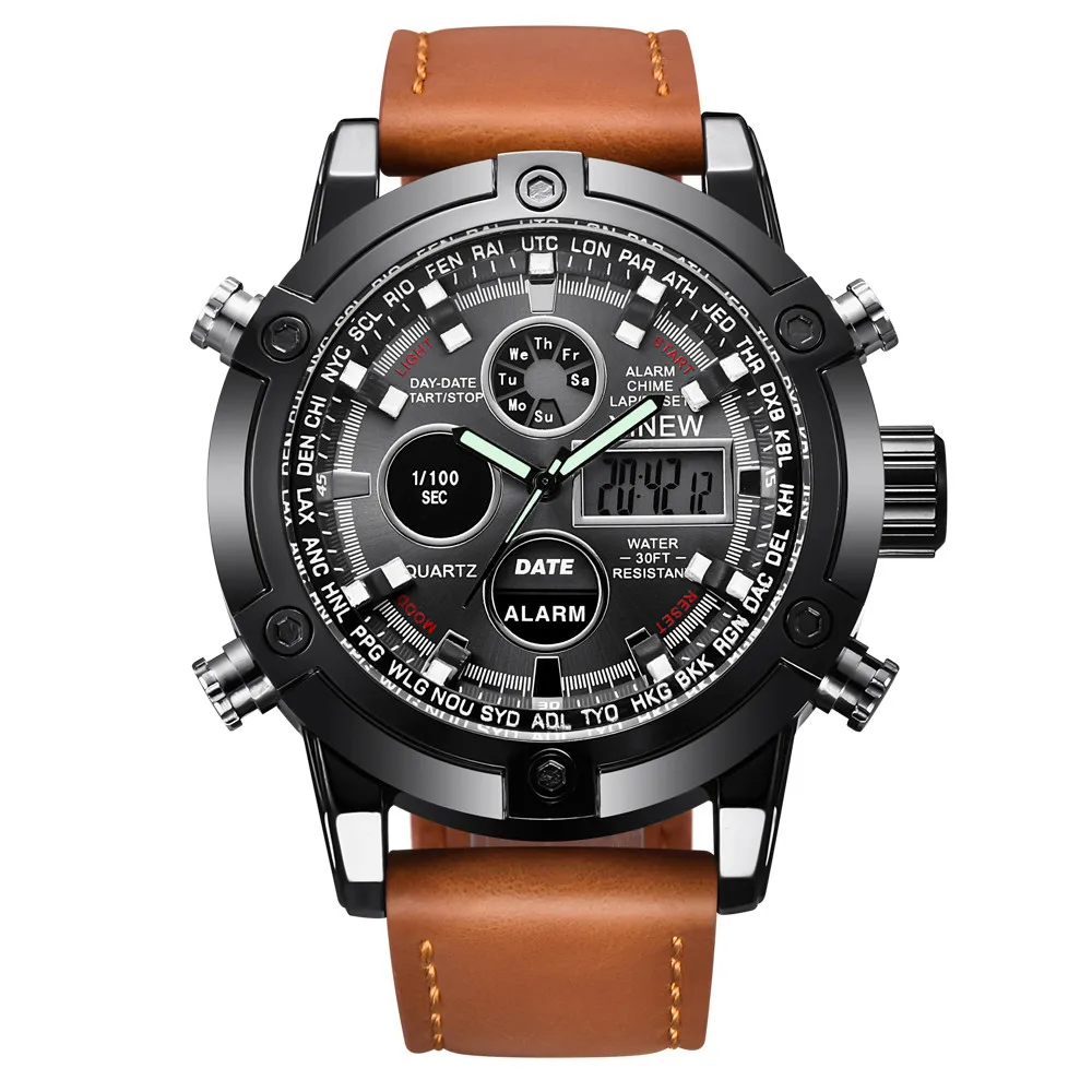 

Luxury Dual Movt Men's Leather Quarz Analog Digital LED Sport Precise Waterproof 3Bar Wrist Watch
