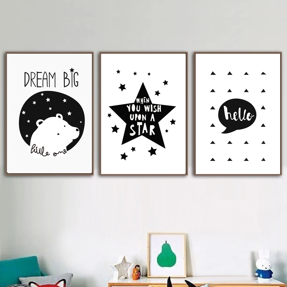

Cartoon Black White Bear Star Quotes Hello Wall Art Canvas Painting Nordic Posters And Prints Wall Pictures Baby Kids Room Decor