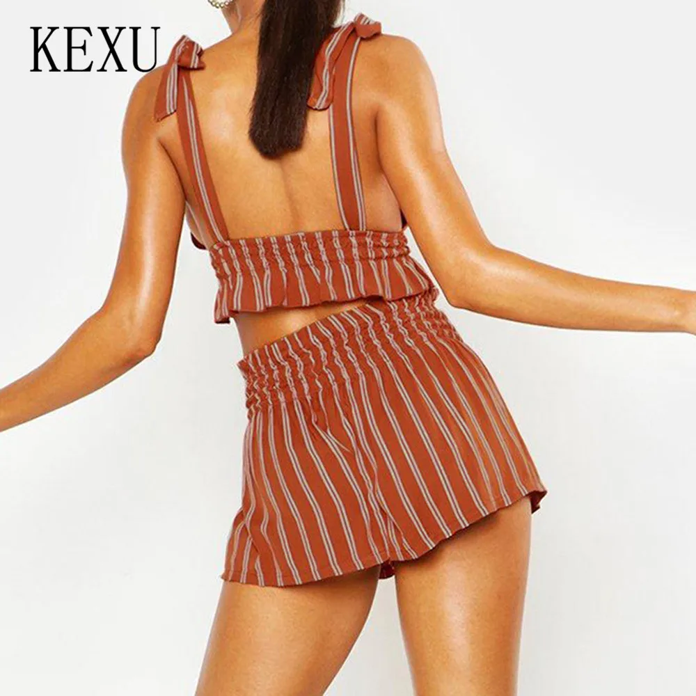 KEXU Orange Pleated Waist Striped Shorts Suits Sexy Backless Chest Vest Shorts Two Pieces Sets Jumpsuits Women Summer Rompers KEXU Orange Pleated Waist Striped Shorts Suits Sexy Backless Chest Vest Shorts Two Pieces Sets Jumpsuits Women Summer Rompers
