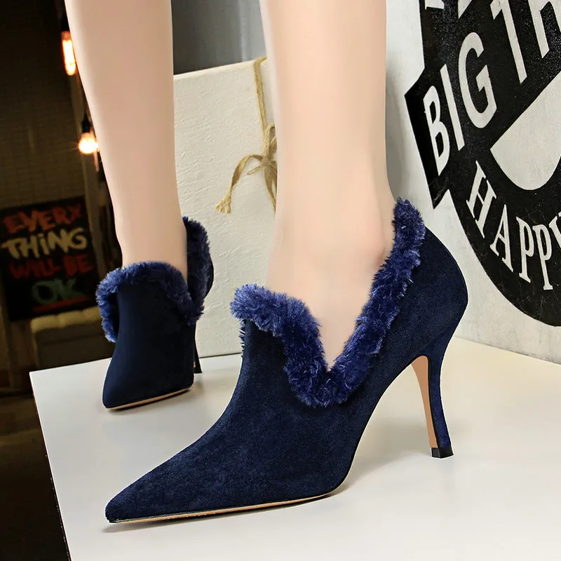 Women's Sexy Pointed Toe Flock High Heels Blue Side