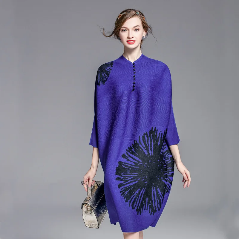 Весеннее женское платье Miyak со складками, модное дизайнерское свободное платье большого размера с длинным рукавом и принтом, женское платье до колен, халаты - Цвет: Синий
