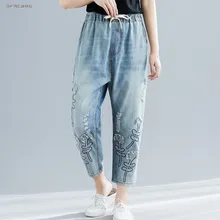 Женские Джинсы бойфренда с вышивкой в стиле ретро, лето, эластичная резинка на талии, свободная уличная одежда, винтажные RippedCapris, джинсовые штаны-шаровары для женщин