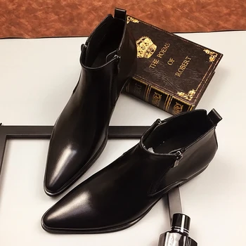 

Leather High Top Men Dress Winter Boots Work Booties For Man Pointed Toe Male Black Yellow Wedding Oxfords Shoes Tactical Boots