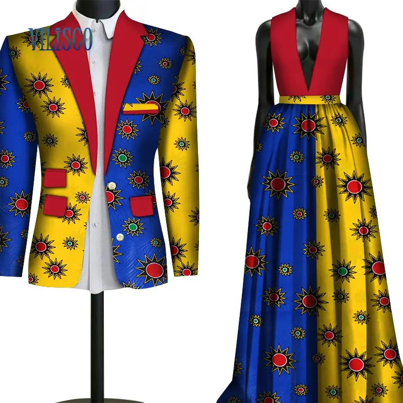 Свадебный комплект из двух предметов, Африканский принт Дашики, одежда для пар, для влюбленных, мужской костюм, Блейзер, плюс женские вечерние платья, WYQ79