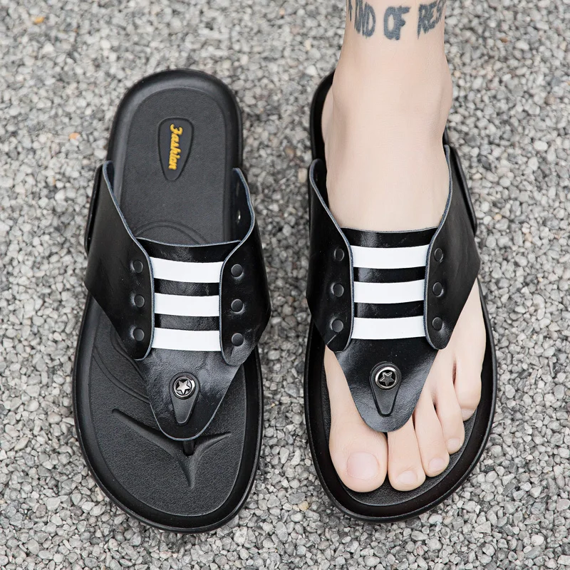 

Flip Flops Men Slippers Leather Summer Flat Beach Mens Slipper 2019 Casual Man Shoes Slides Men Claquette Homme Outdoor Black