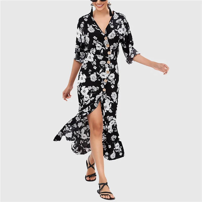 

Sexy V Neck Party Dress Mid Calf Plus Size Vestidos De Fiesta Summer Chiffon Dress Women Boho Styles Floral Print Beach Dress