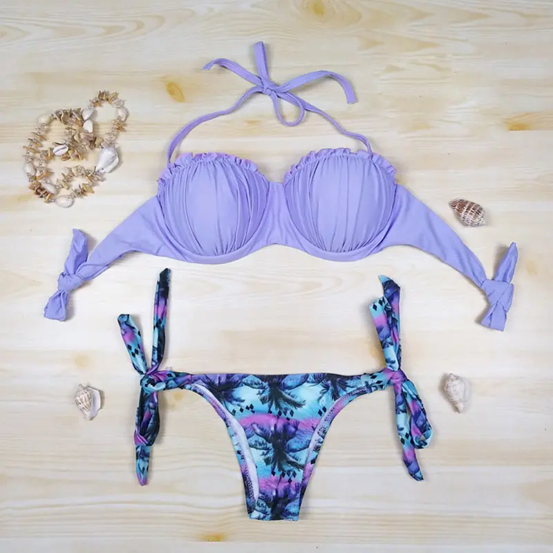 

Women Bikini Set Coconut Tree Printed Bathing Suit Halter Beach Swimsuit Push Up Bikinis Swimwear BHD2