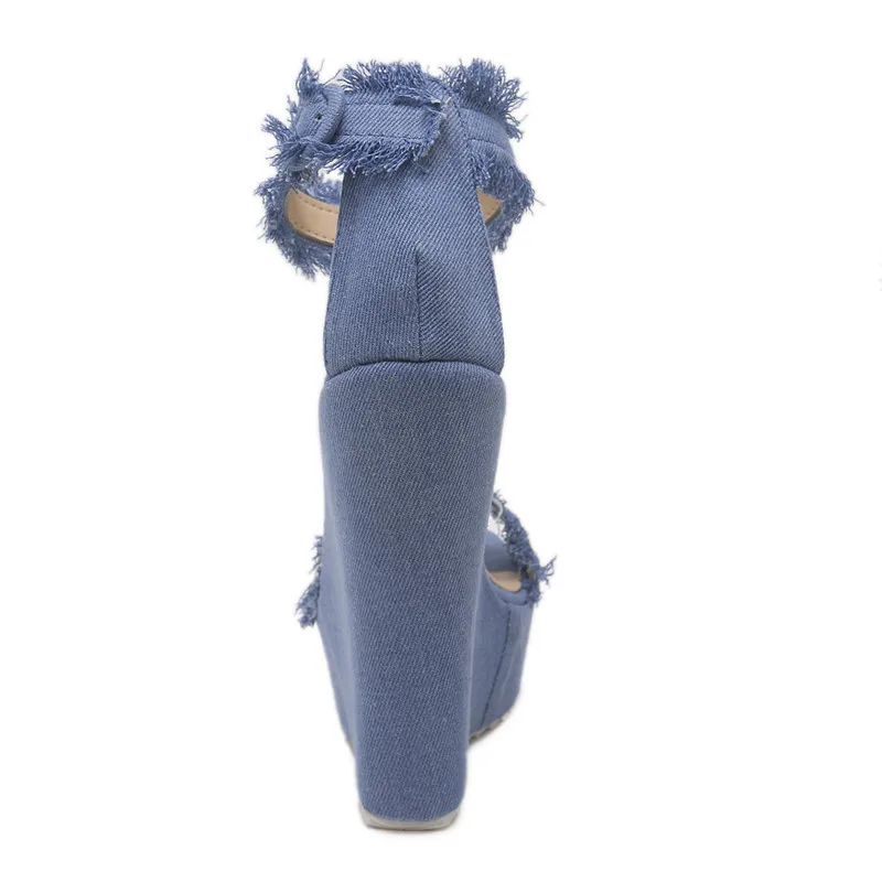 2019 Women Summer 15cm Super Wedge Heels Comfortable Heels Chunky Sandals Fashion Open-Toe Dress Runway Blue Wedges Lolita Shoes