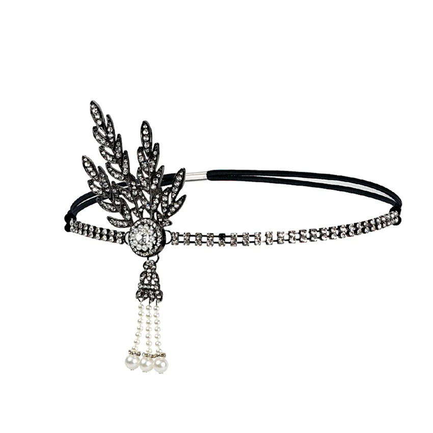 FEPITO 8 Pezzi Flapper Anni '20 Grande Gatsby Accessori Set Moda ruggenti Anni '20 Set con fascia per capelli Guanti lunghi neri Collana Orecchini per donna(Set D