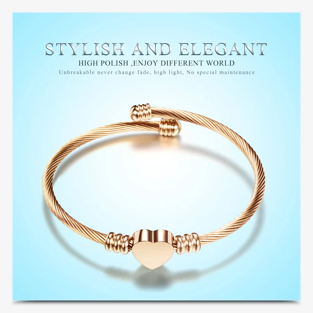 Трехцветный плетеный браслет из нержавеющей стали, проволока из титана, стальной браслет в форме сердца, розовое золото, Модный женский браслет