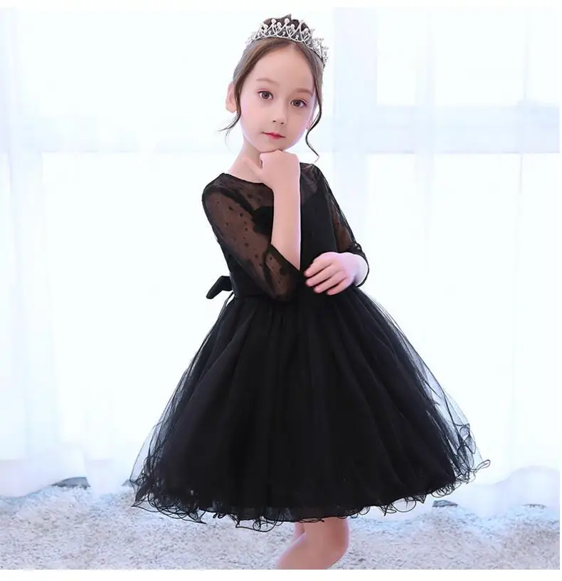 Черное платье с рукавом «три четверти» для девочек; детское платье-пачка для крещения; многослойное Пышное Бальное Платье для вечеринки; детская одежда для девочек