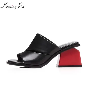 

Krazing Pot new 2020 cow leather fashion summer round peep toe sexy mules strange med heels concise big size women sandals L07