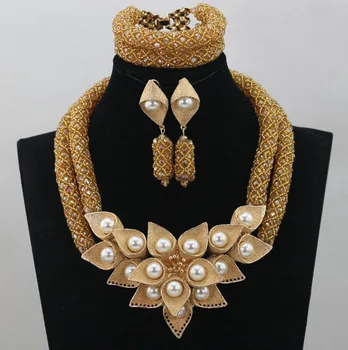 

New Design Champagne Gold Crystal Handmade African Costume Jewelry Sets Women Party Beads Lace Jewelry Sets Free Shipping ALJ733