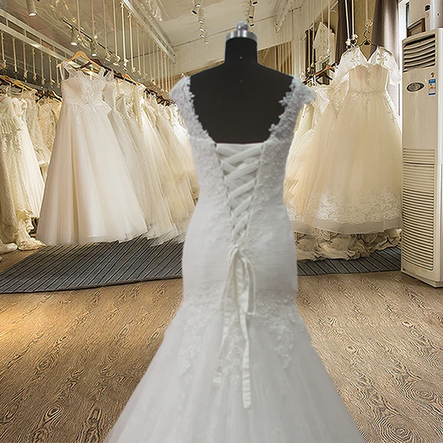 SW23 Mermaid V-neck Floor-Length Appliques Beading Lace vestido de noiva Pearls wedding dress 4