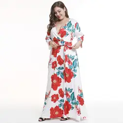 Для женщин осень Цветочный принт Макси Разделение платья Boho Стиль длинные пляжное платье Вечеринка бинты Bodycon цветок плюс Размеры Vestidos