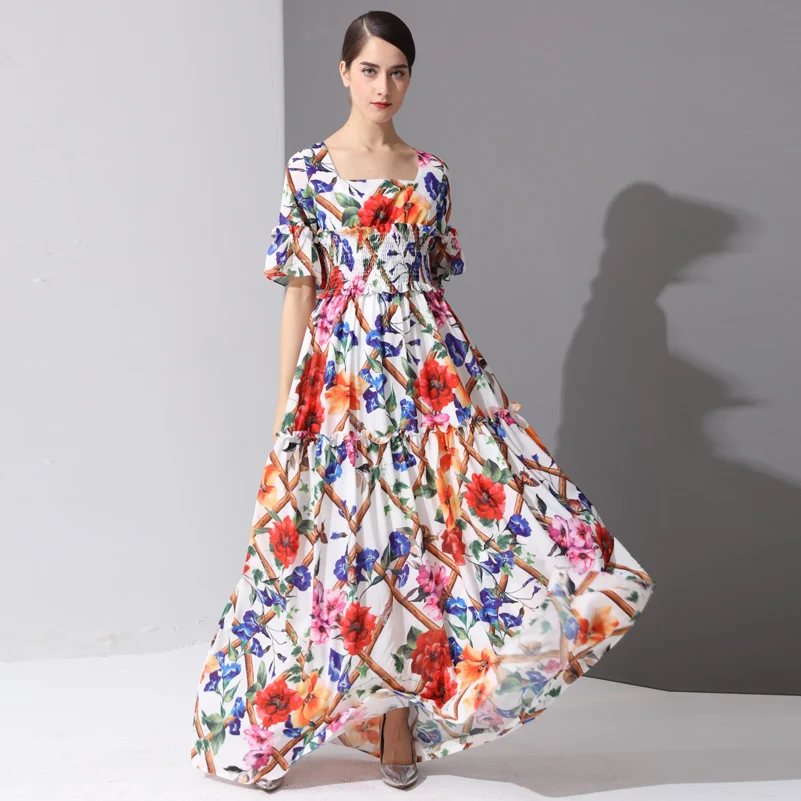 High Quality Fashion Designer runway Maxi Dresses Women's Half Sleeve