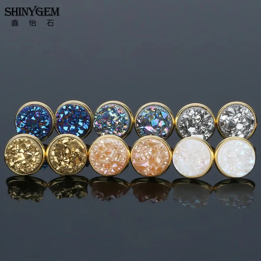 ShinyGem 6 мм/8 мм/10 мм/12mm круглый Агат Серьги позолота Натуральный камень гвоздики милые минеральная Кристаллические серьги для Для женщин