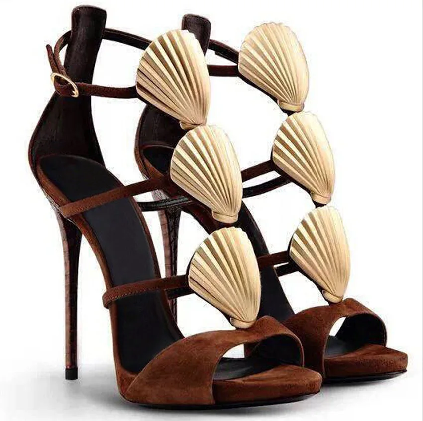 

New Arrival Open Toe Cut-Outs Shell Design High Heel Sandals Brown Suede Leather Strap Summer Dress Shoes