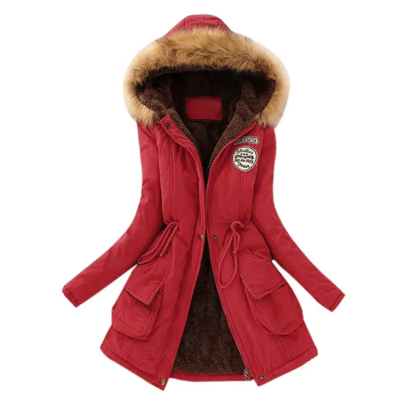 RED Winter England Style Fur Collar Hooded Jacket Slim Winter Parka