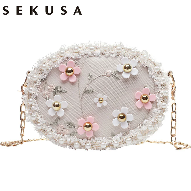 

SEKUSA Small Embroidery Flower Women Day Clutch Chain Shoulder Summer Lady Handbags Lace Beaded Wedding Purse Bags
