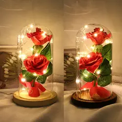 15 Стиль позолоченный красная роза с светодиодный свет в стеклянная настольная лампа для дома подарки на день Святого Валентина свадьбы