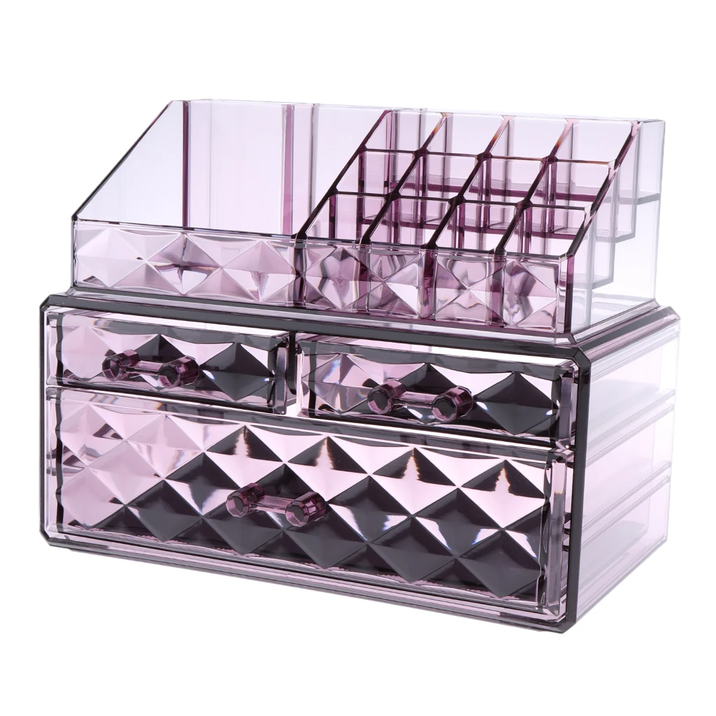 Premium Purple Makeup Organizer Acrylic Cosmetic Storage with Drawers and Jewelry Display Box
