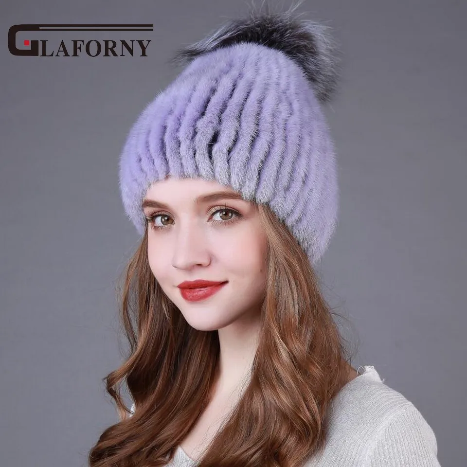 

Glaforny Knitted Mink Fur Beanies Women Winter Warm Fur Hats with Silver Fox Fur Pompoms Real Fur Caps High Quality
