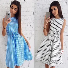 2019 summer new women's fashion polka dot print sleeveless round neck tie waist dress dress tribal print tassel tie neck dress