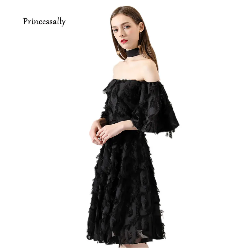 

New Black Prom Dresses Knee Length Tassel With Detachable Sleeve Boat Neck Sexy Short Birthday Party Homecoming Gown Vestidos