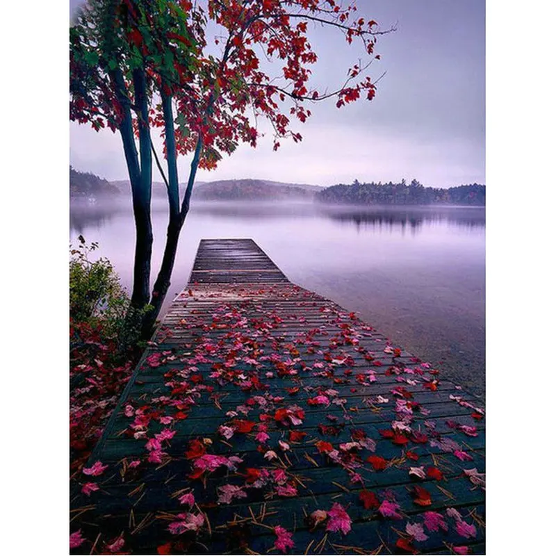 

Diamond Embroidery maple 5D Diy Diamond Painting cross stitch Lakeside view Full square Diamond Mosaic picture Home Decoration