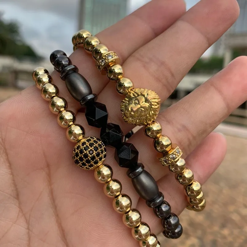 

2019 Fashion Gold Lion Bracelet Men Geometric Disco Ball Braided Macrame Charm Bead Bracelet For Men Adjustable Jewelry Gift