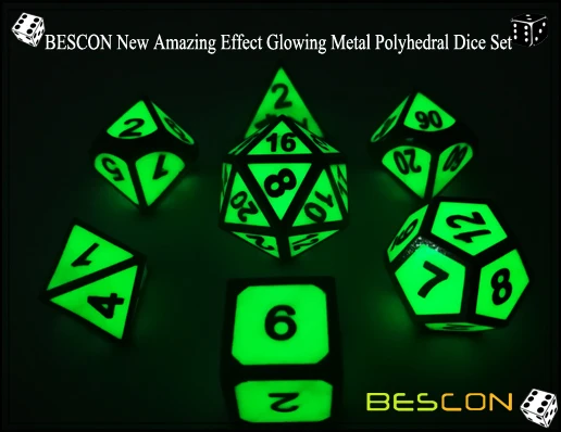 BESCON New Amazing Effect Glowing in the Dark Metal Polyhedral Role Playing RPG Game Dice Set of 7-5