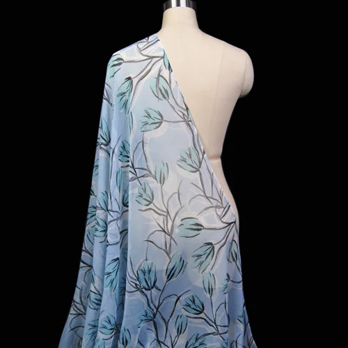 

Fashin Blue floral print 100% silk georgette gauze silk fabric very thin 8momme 54" width by yard,SCG301